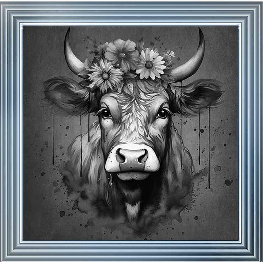 AN1283-B&W FLORAL CROWN HIGHLAND COW BLACK & WHITE