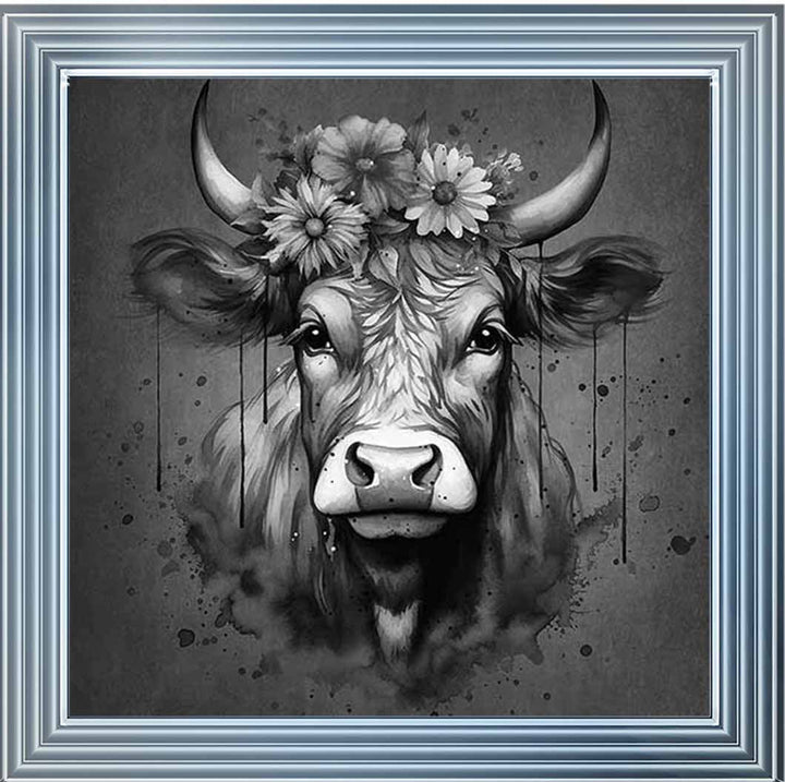 AN1283-B&W FLORAL CROWN HIGHLAND COW BLACK & WHITE