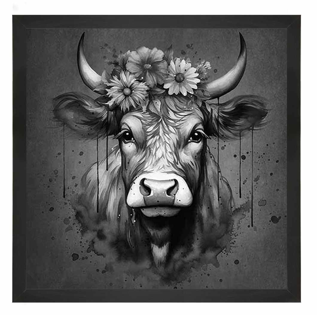 AN1283-B&W FLORAL CROWN HIGHLAND COW BLACK & WHITE