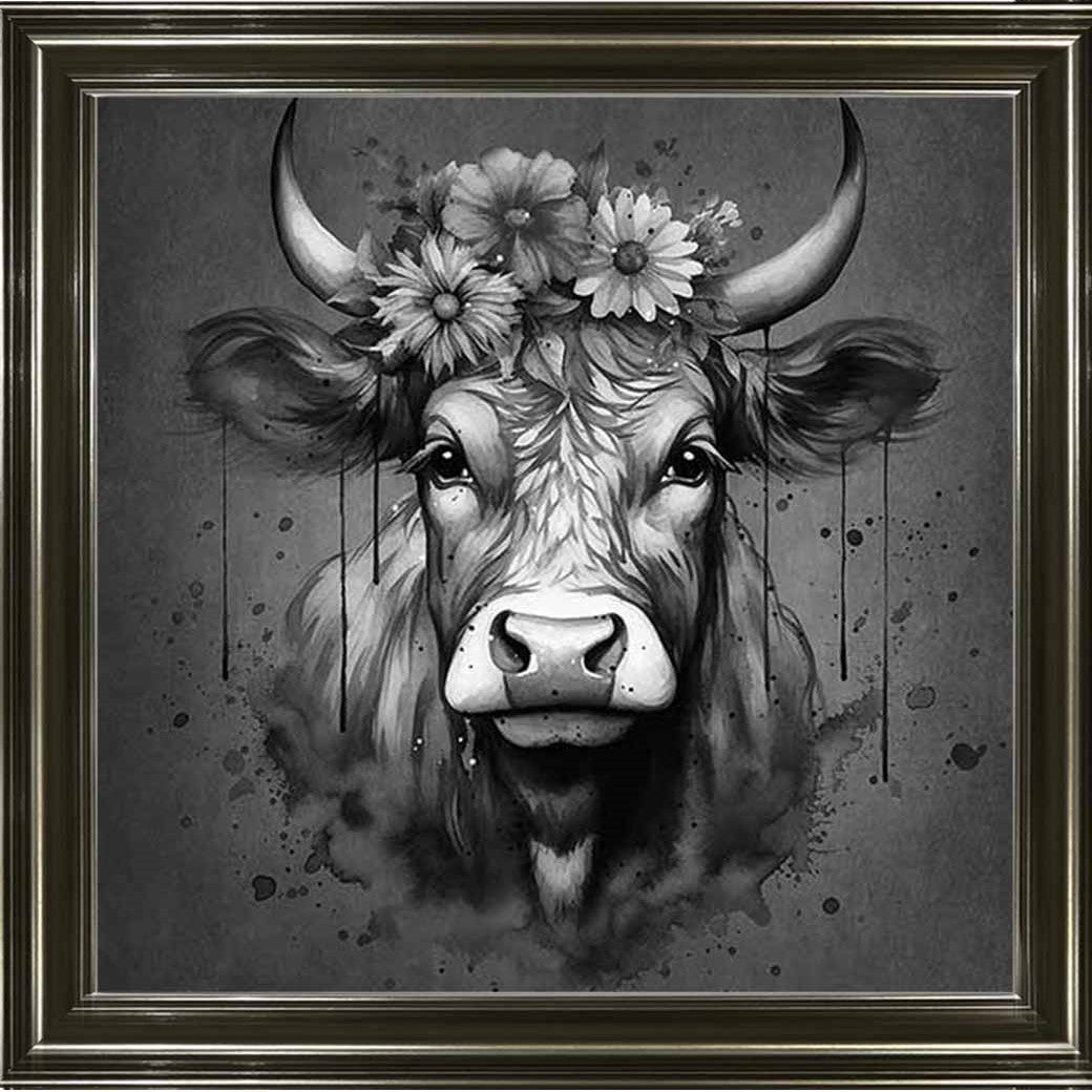 AN1283-B&W FLORAL CROWN HIGHLAND COW BLACK & WHITE