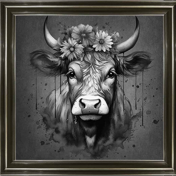 AN1283-B&W FLORAL CROWN HIGHLAND COW BLACK & WHITE