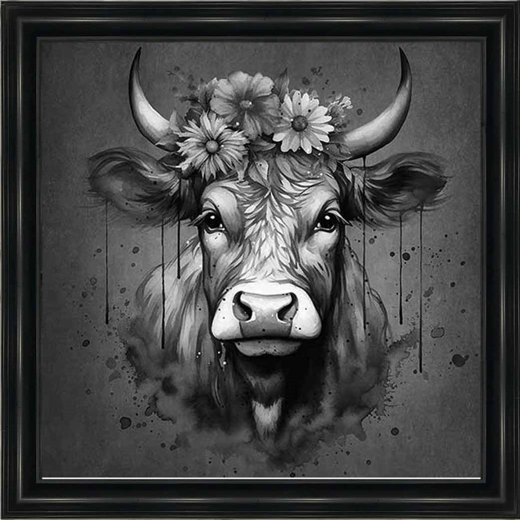 AN1283-B&W FLORAL CROWN HIGHLAND COW BLACK & WHITE