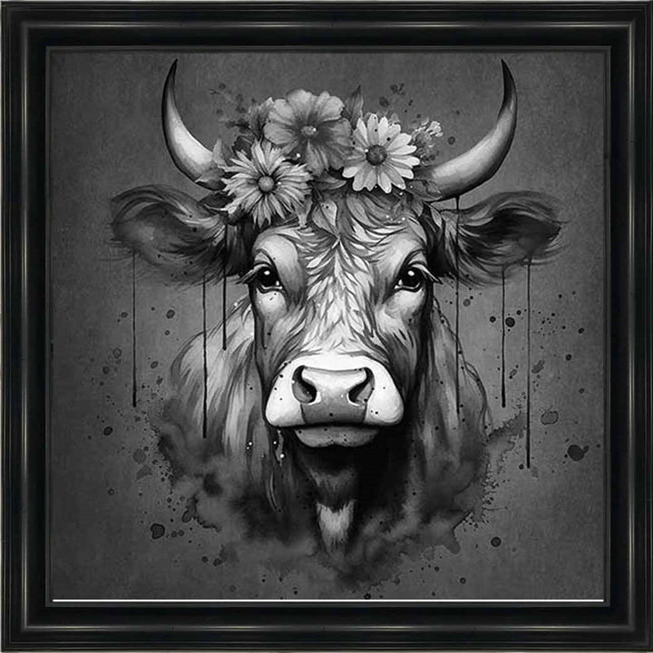 AN1283-B&W FLORAL CROWN HIGHLAND COW BLACK & WHITE
