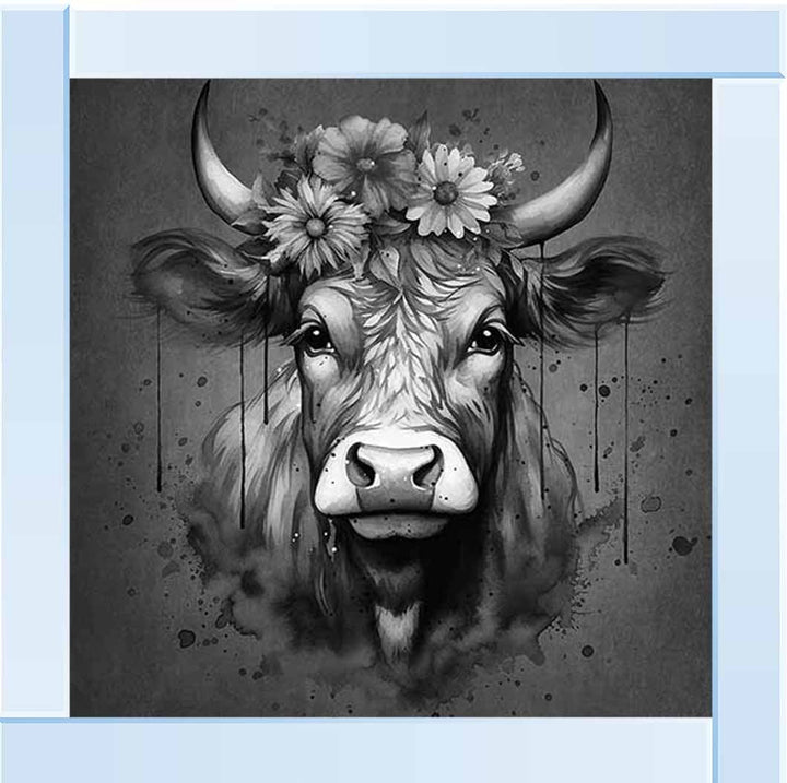 AN1283-B&W FLORAL CROWN HIGHLAND COW BLACK & WHITE