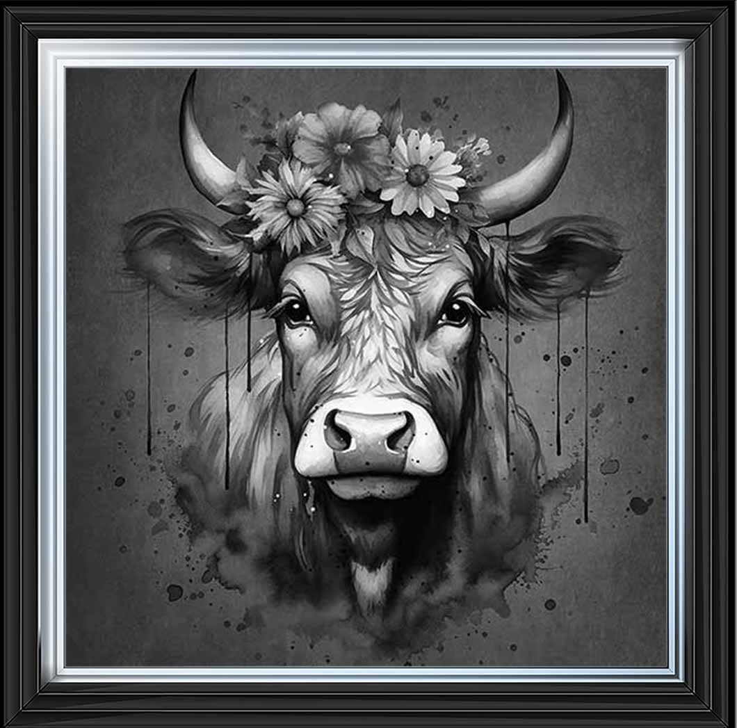 AN1283-B&W FLORAL CROWN HIGHLAND COW BLACK & WHITE