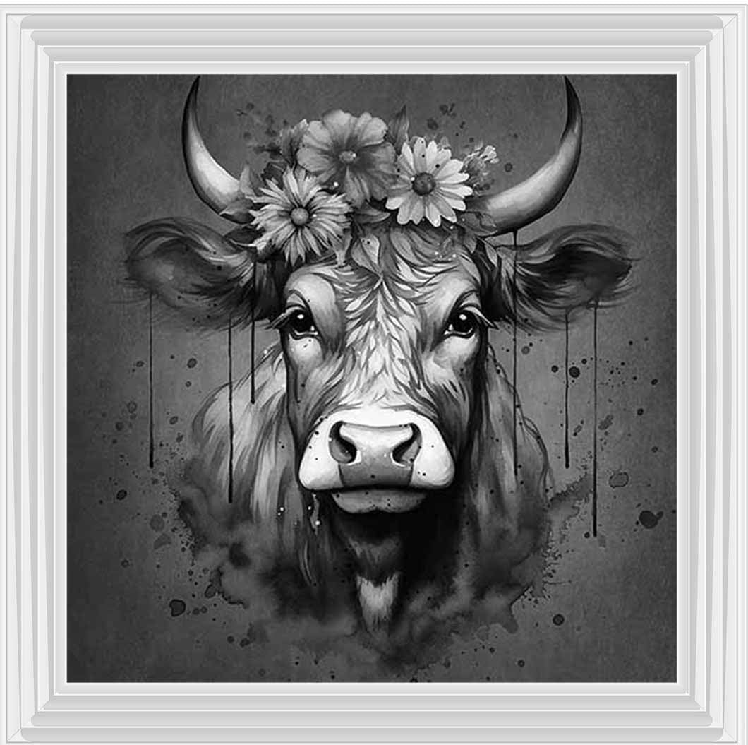 AN1283-B&W FLORAL CROWN HIGHLAND COW BLACK & WHITE