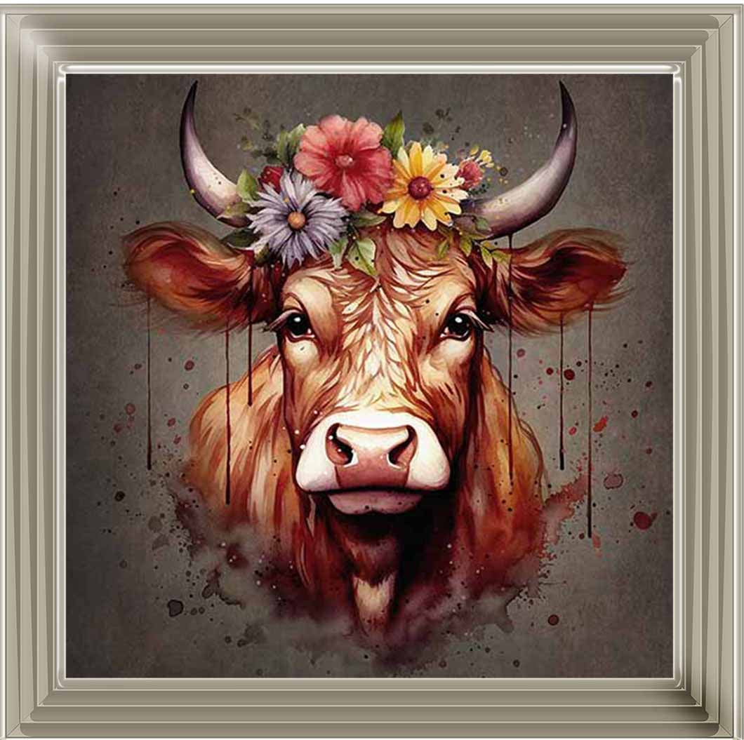 AN1283-C FLORAL CROWN HIGHLAND COW COLOURED