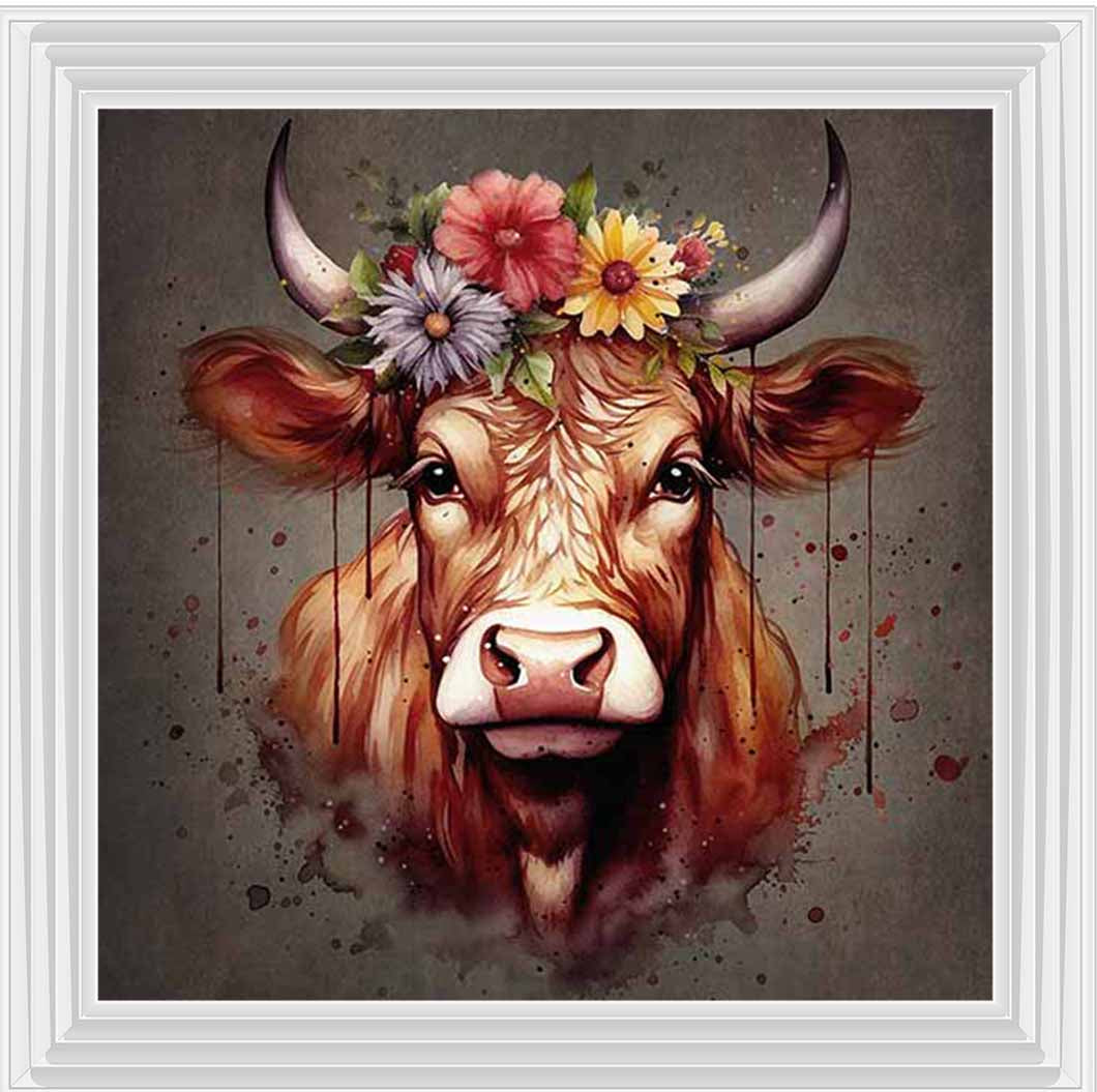 AN1283-C FLORAL CROWN HIGHLAND COW COLOURED