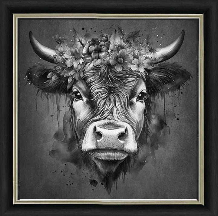 AN1284-B&W FLORAL CROWN HIGHLAND COW BLACK & WHITE |
