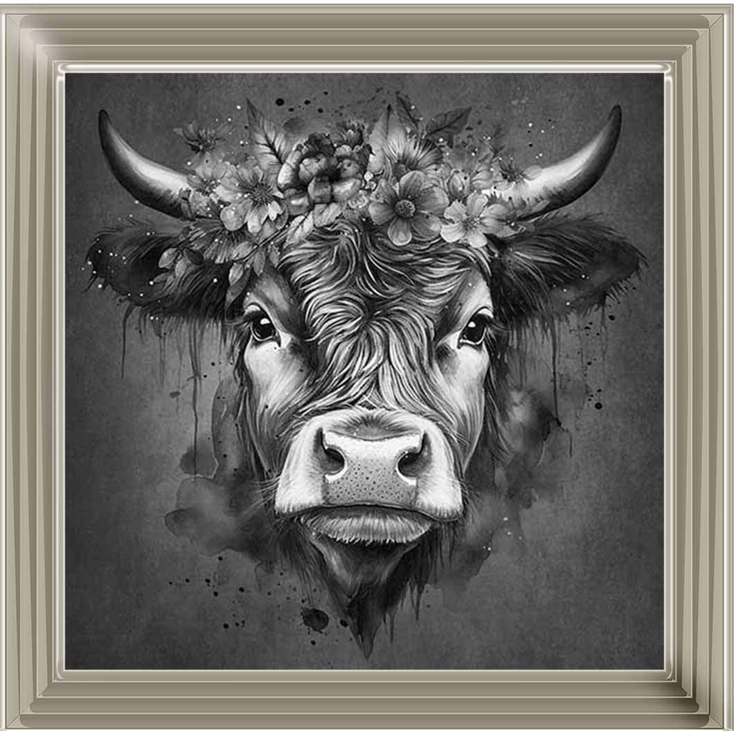 AN1284-B&W FLORAL CROWN HIGHLAND COW BLACK & WHITE |