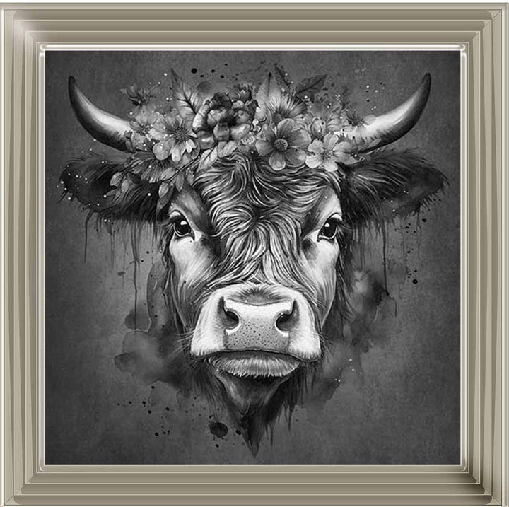 AN1284-B&W FLORAL CROWN HIGHLAND COW BLACK & WHITE |