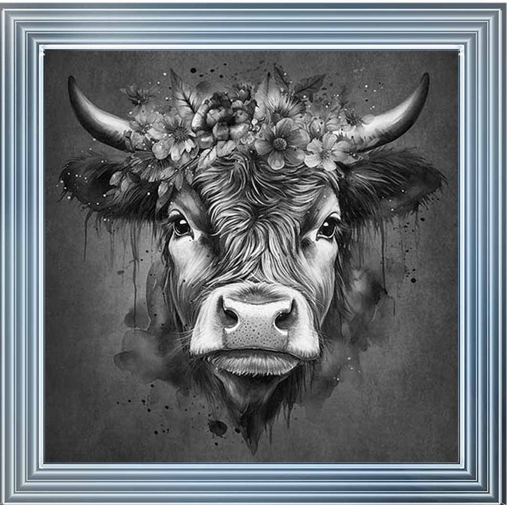 AN1284-B&W FLORAL CROWN HIGHLAND COW BLACK & WHITE |