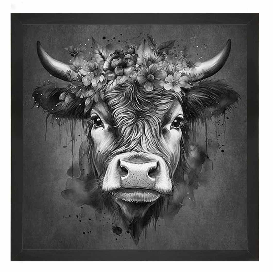 AN1284-B&W FLORAL CROWN HIGHLAND COW BLACK & WHITE |