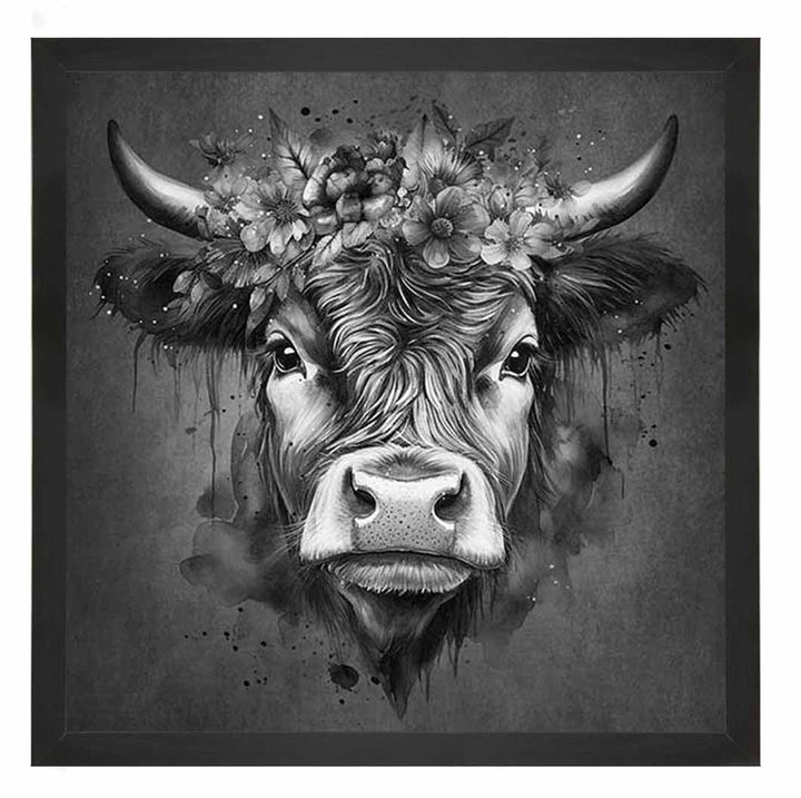 AN1284-B&W FLORAL CROWN HIGHLAND COW BLACK & WHITE |