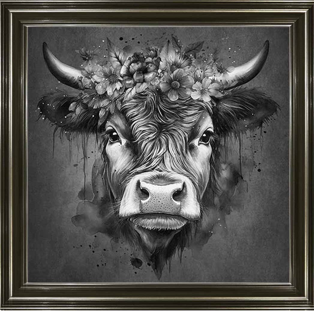 AN1284-B&W FLORAL CROWN HIGHLAND COW BLACK & WHITE |