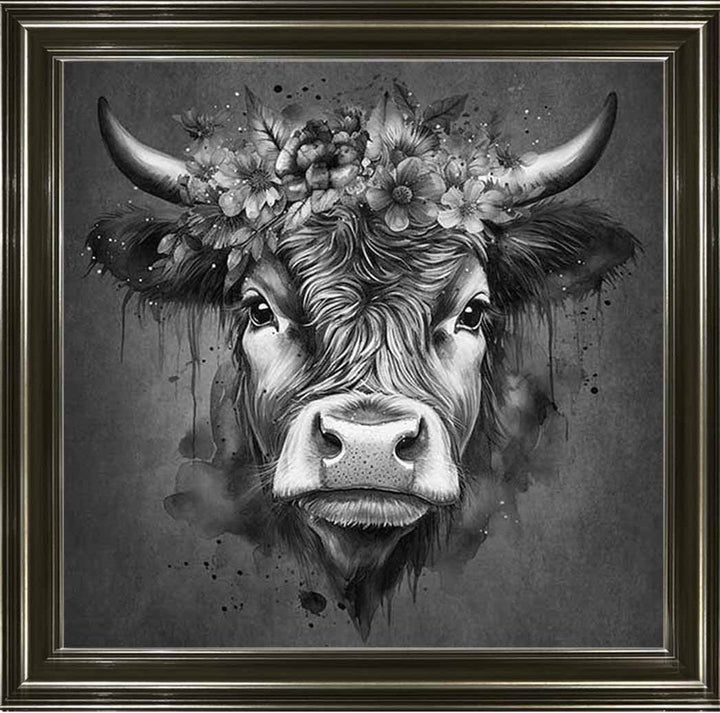 AN1284-B&W FLORAL CROWN HIGHLAND COW BLACK & WHITE |