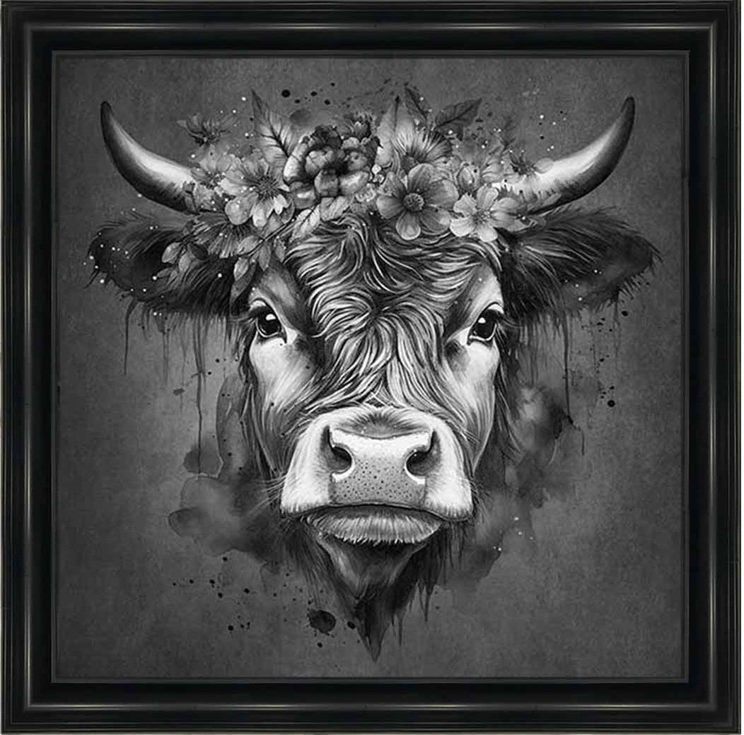 AN1284-B&W FLORAL CROWN HIGHLAND COW BLACK & WHITE |