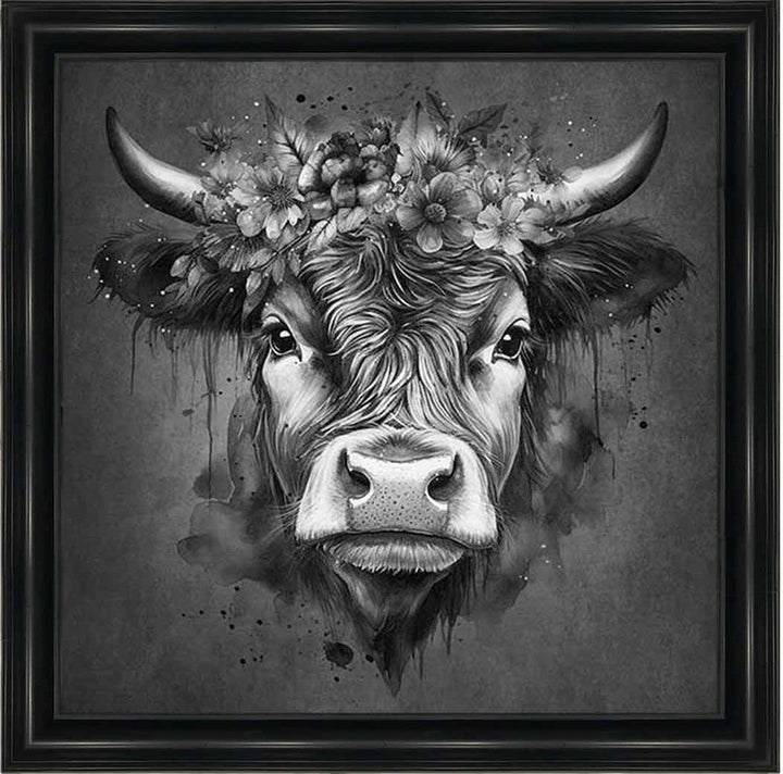 AN1284-B&W FLORAL CROWN HIGHLAND COW BLACK & WHITE |