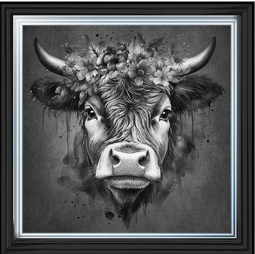AN1284-B&W FLORAL CROWN HIGHLAND COW BLACK & WHITE |