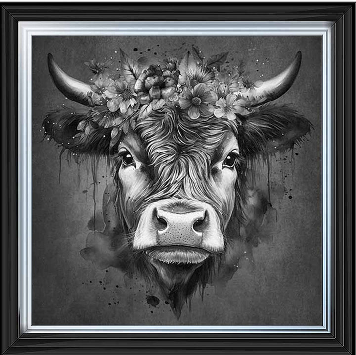 AN1284-B&W FLORAL CROWN HIGHLAND COW BLACK & WHITE |