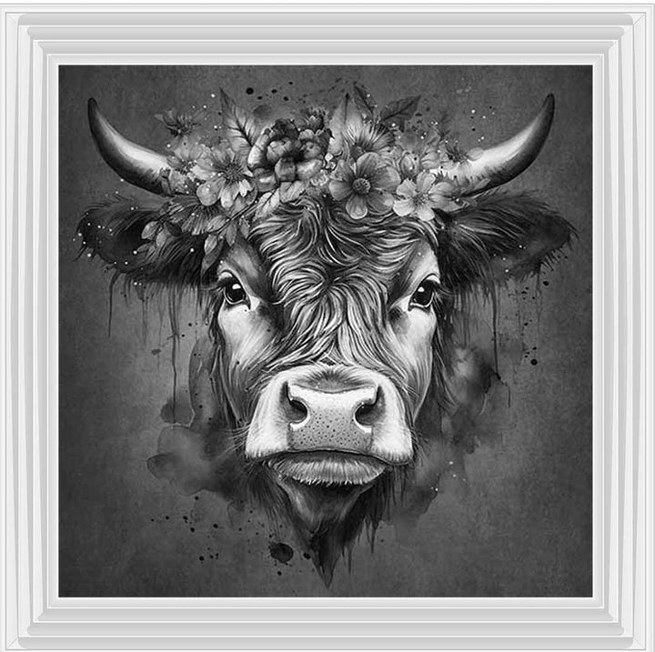 AN1284-B&W FLORAL CROWN HIGHLAND COW BLACK & WHITE |