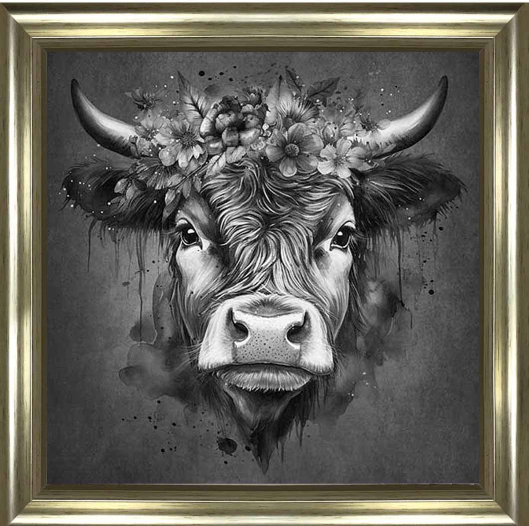 AN1284-B&W FLORAL CROWN HIGHLAND COW BLACK & WHITE |