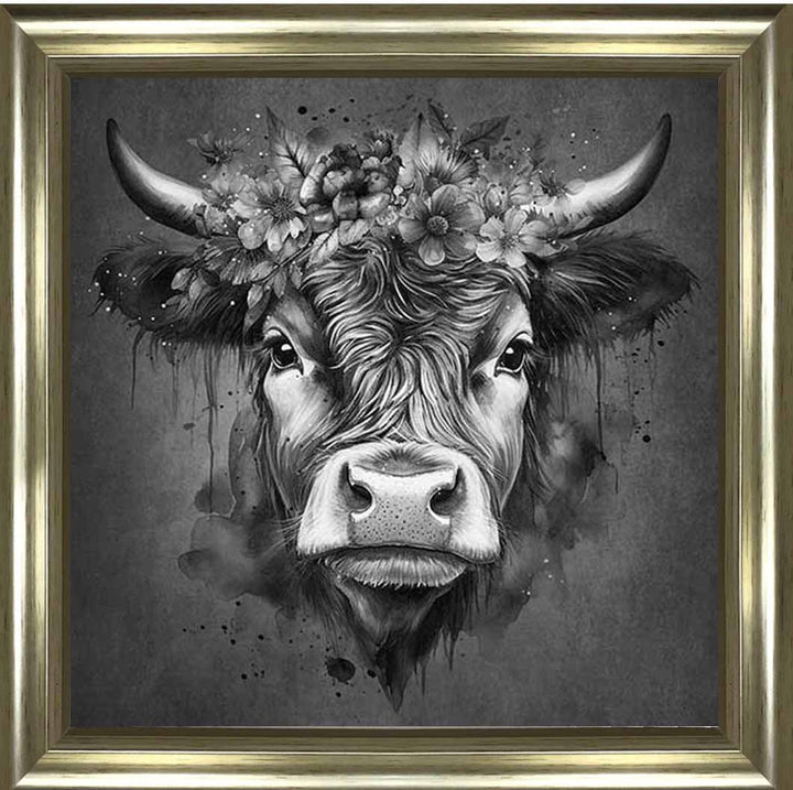 AN1284-B&W FLORAL CROWN HIGHLAND COW BLACK & WHITE |