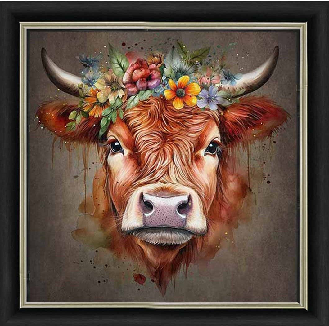 AN1284-C FLORAL CROWN HIGHLAND COW COLOURED |
