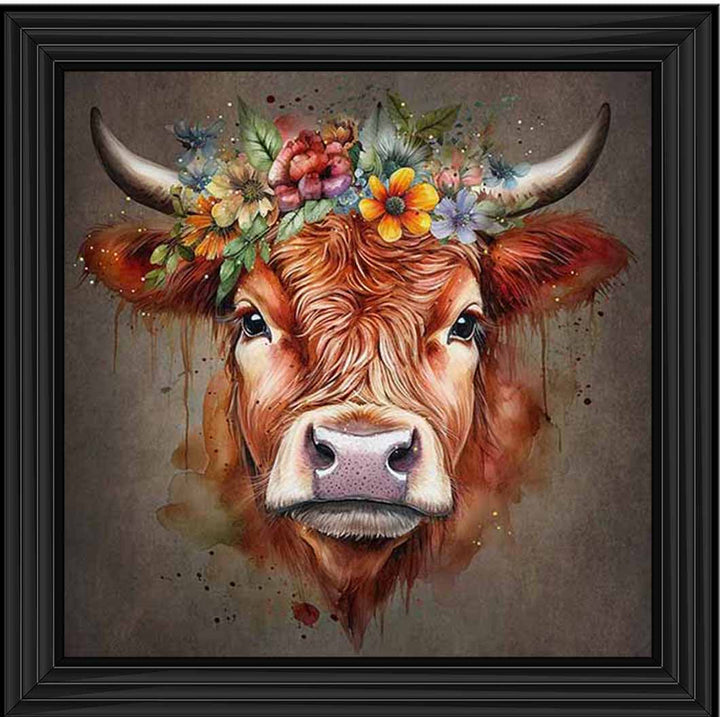 AN1284-C FLORAL CROWN HIGHLAND COW COLOURED |