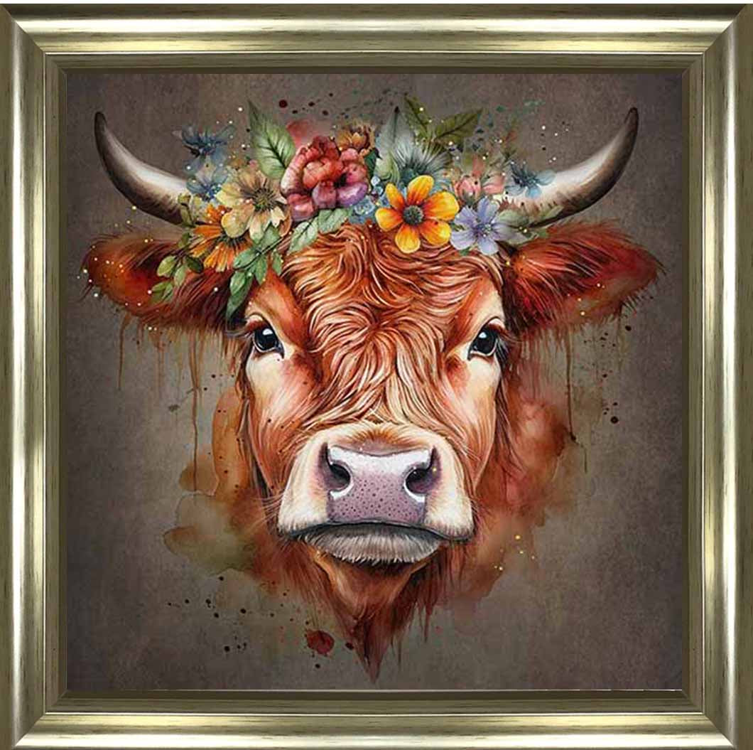 AN1284-C FLORAL CROWN HIGHLAND COW COLOURED |