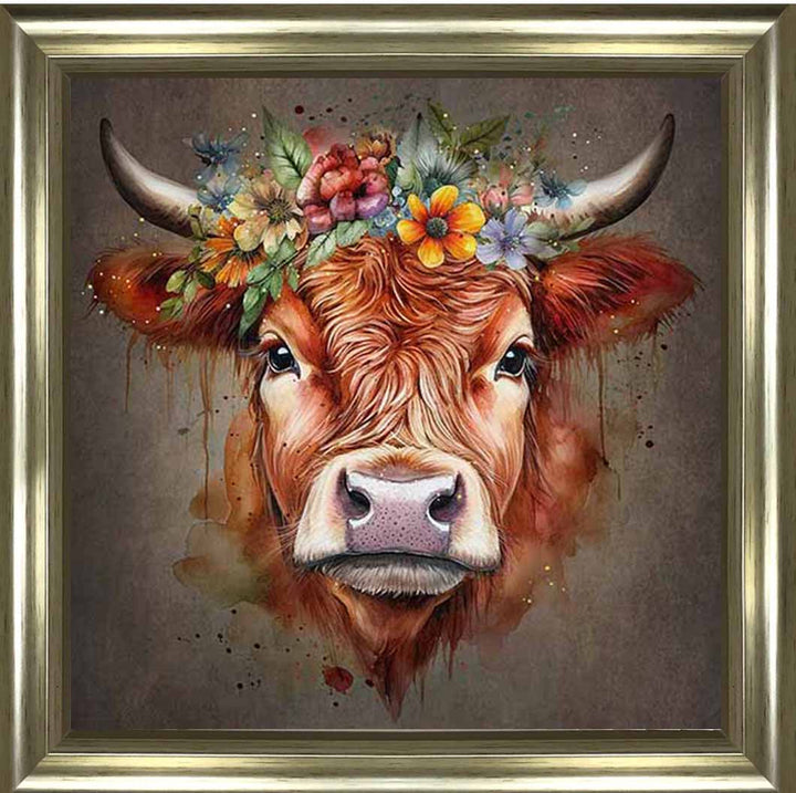 AN1284-C FLORAL CROWN HIGHLAND COW COLOURED |