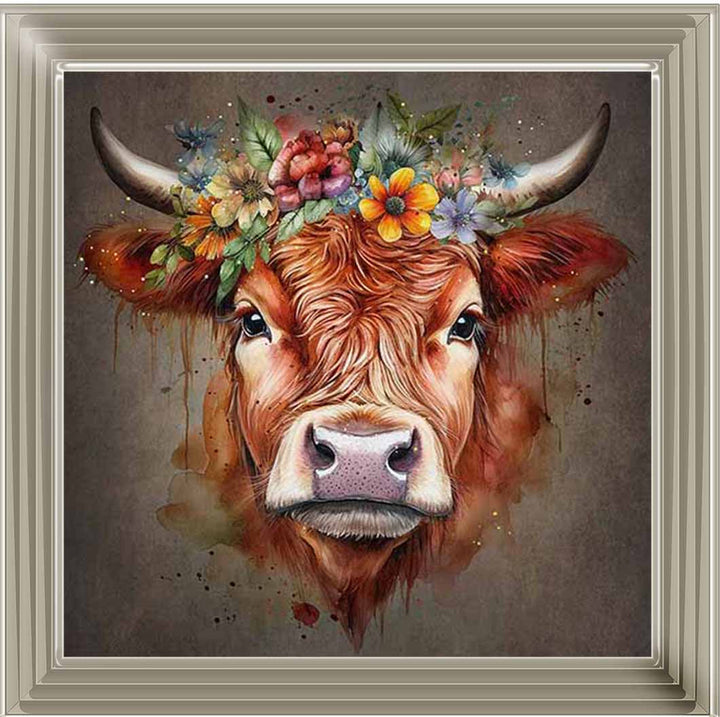 AN1284-C FLORAL CROWN HIGHLAND COW COLOURED |