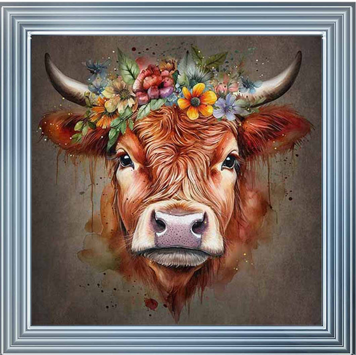 AN1284-C FLORAL CROWN HIGHLAND COW COLOURED |