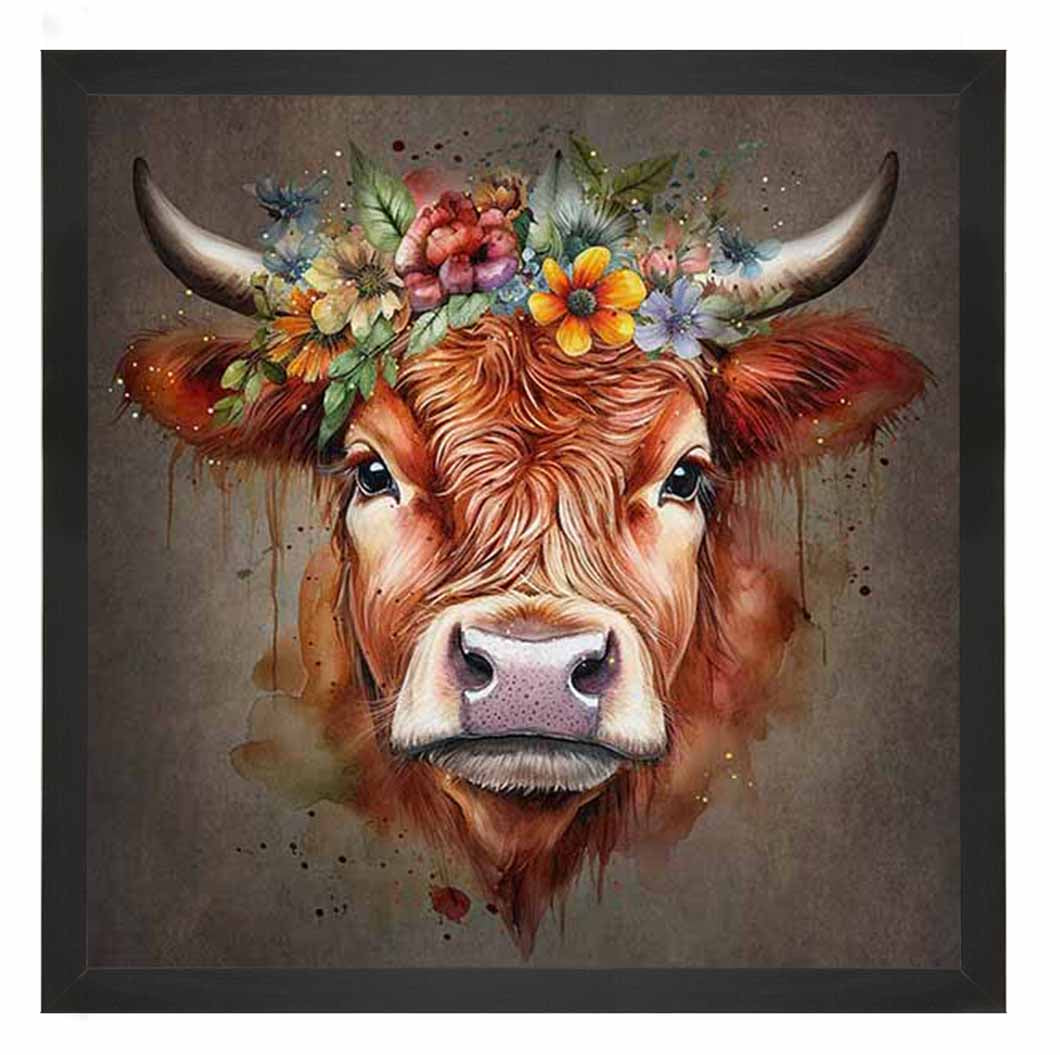 AN1284-C FLORAL CROWN HIGHLAND COW COLOURED |