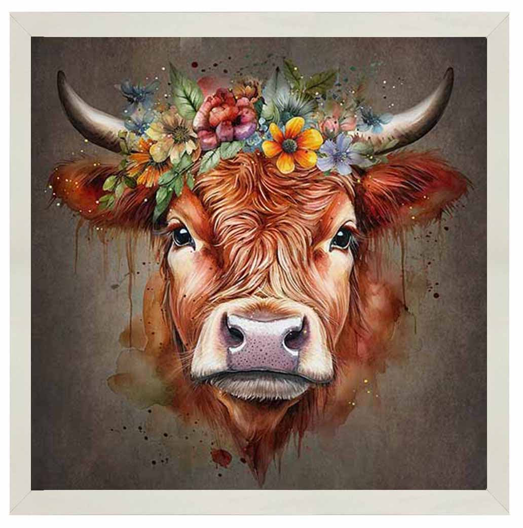 AN1284-C FLORAL CROWN HIGHLAND COW COLOURED |