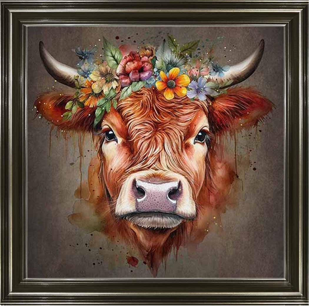 AN1284-C FLORAL CROWN HIGHLAND COW COLOURED |