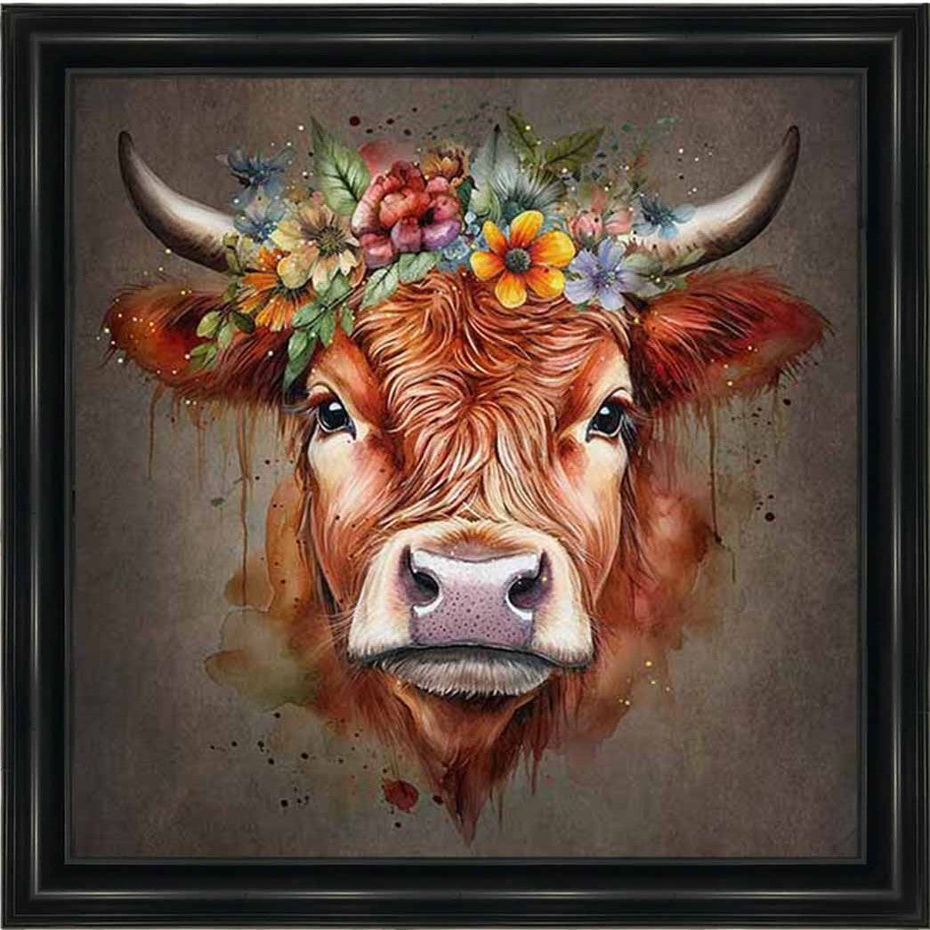 AN1284-C FLORAL CROWN HIGHLAND COW COLOURED |