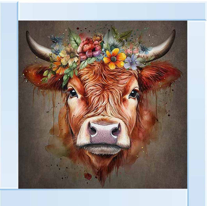 AN1284-C FLORAL CROWN HIGHLAND COW COLOURED |
