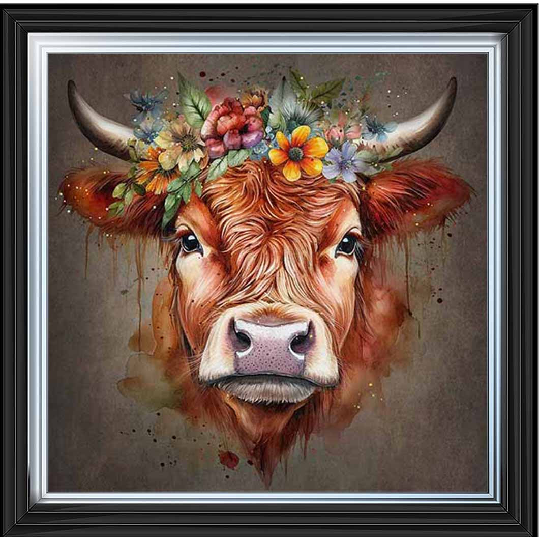 AN1284-C FLORAL CROWN HIGHLAND COW COLOURED |
