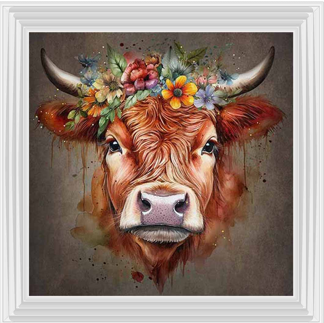 AN1284-C FLORAL CROWN HIGHLAND COW COLOURED |