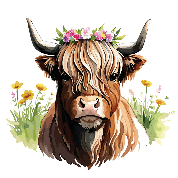 AN1531 HIGHLAND COW WITH FLOWERS