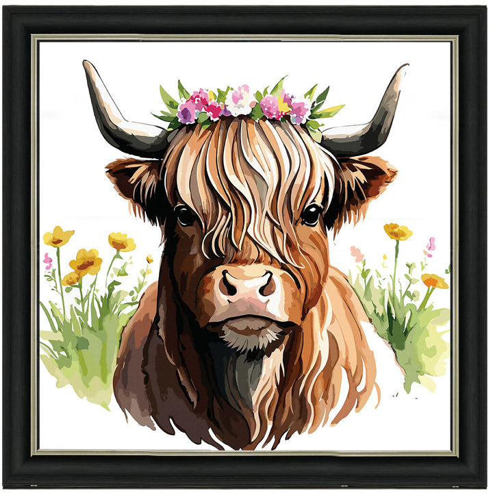 AN1531 HIGHLAND COW WITH FLOWERS