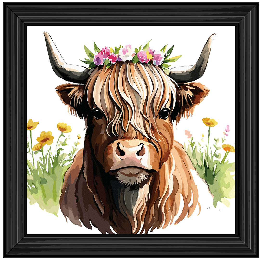 AN1531 HIGHLAND COW WITH FLOWERS
