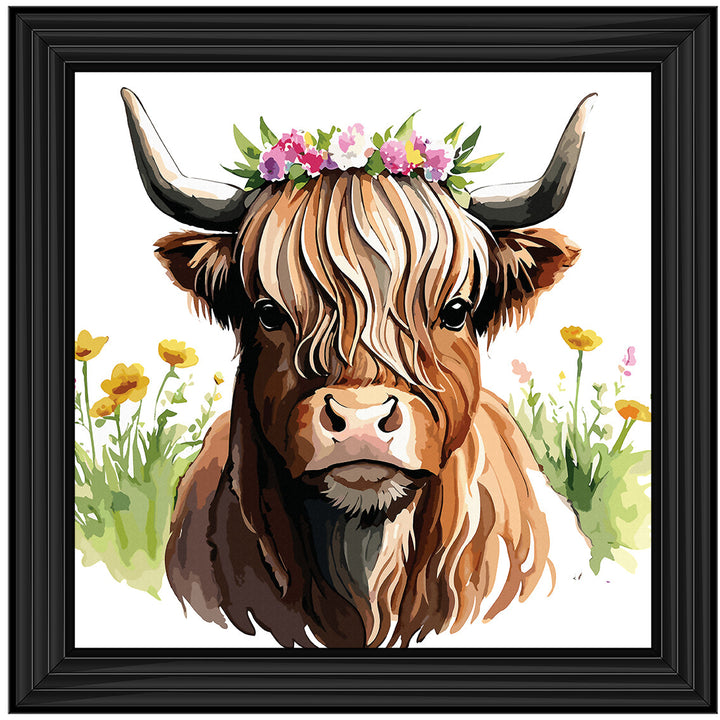 AN1531 HIGHLAND COW WITH FLOWERS