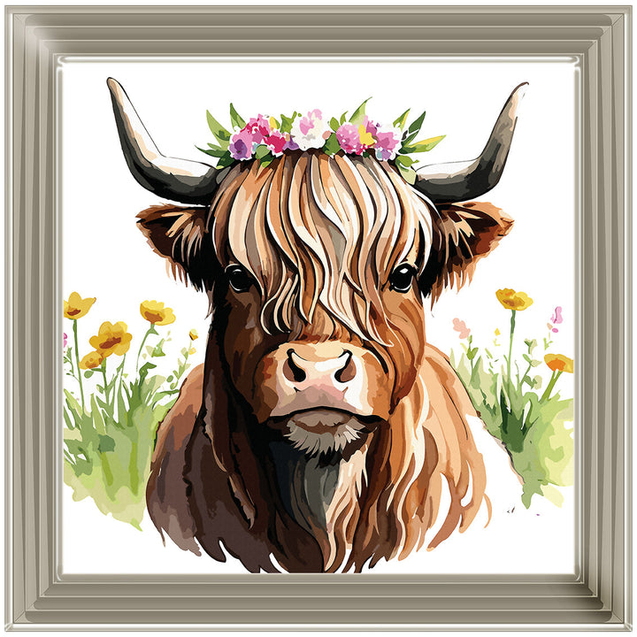 AN1531 HIGHLAND COW WITH FLOWERS