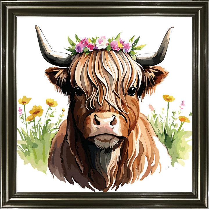 AN1531 HIGHLAND COW WITH FLOWERS