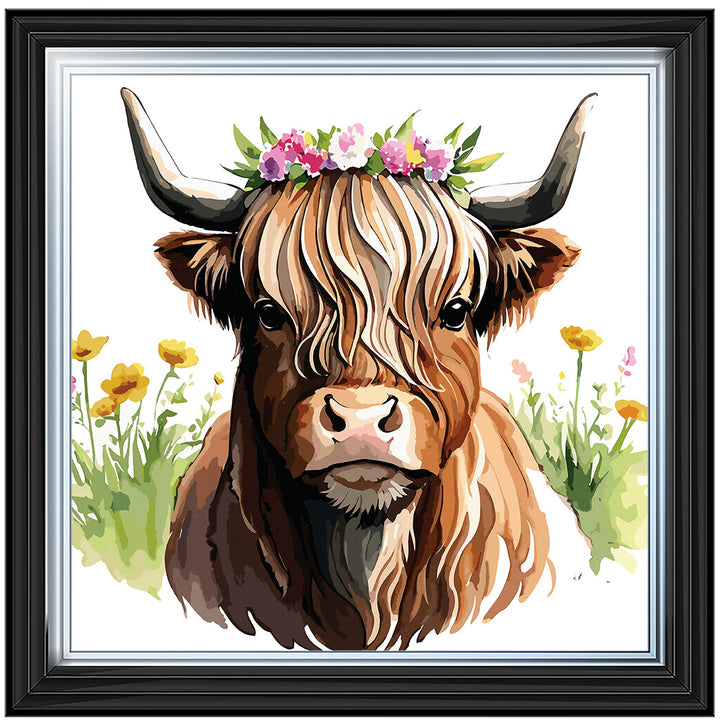 AN1531 HIGHLAND COW WITH FLOWERS