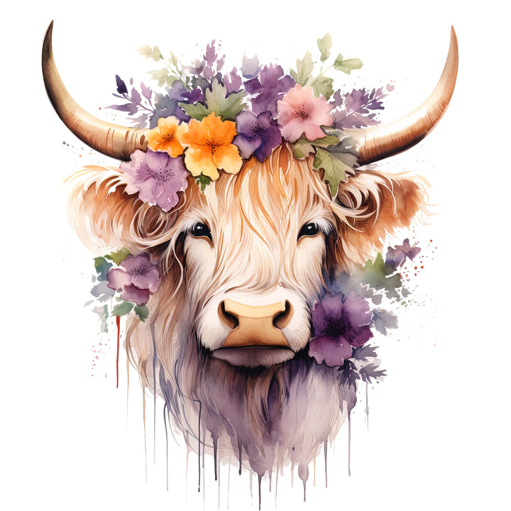 AN1542 HIGHLAND COW WITH FLOWERS III