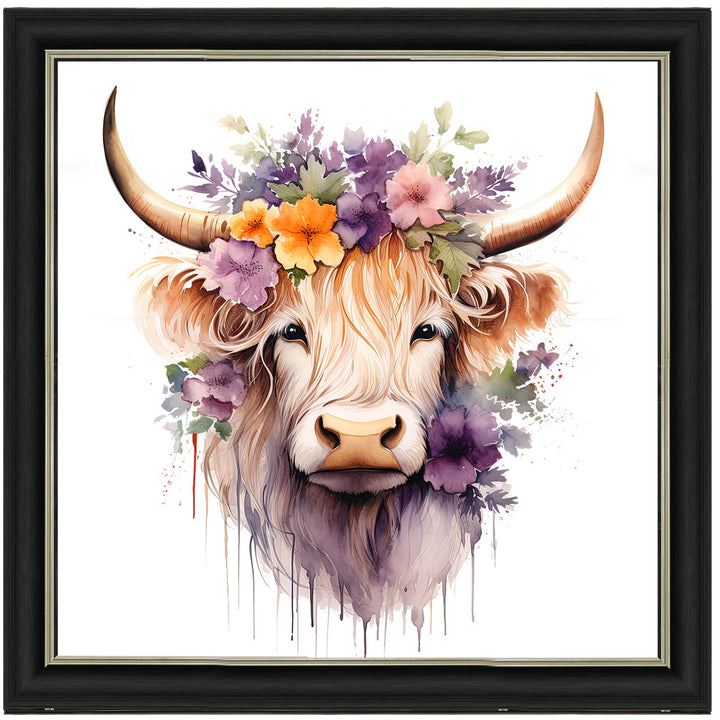 AN1542 HIGHLAND COW WITH FLOWERS III