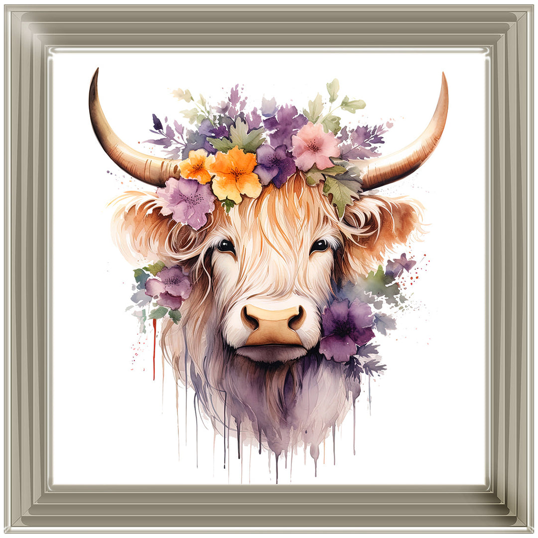 AN1542 HIGHLAND COW WITH FLOWERS III